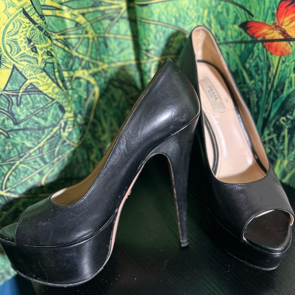 Prada Black Peep-Toe Platform Heels - Picture 6 of 9